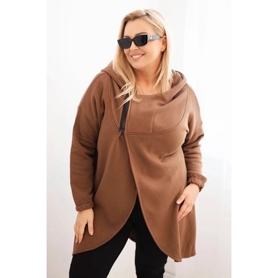 Kesi Dámska mikina Plus Size zateplená s kapucou a asymetrickým zipsom hnedá