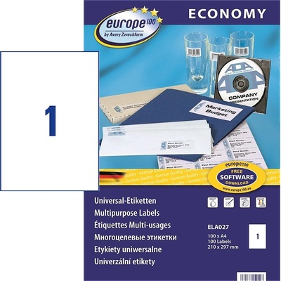 Самозалепващи етикети, Avery Zweckform, 210x297 mm, A4, 100 листа, Бял (ELA027)