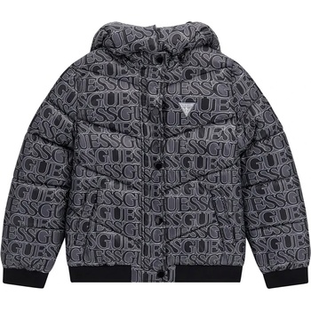 GUESS Зимно яке за момиче в черно с качулка и надписи Guess