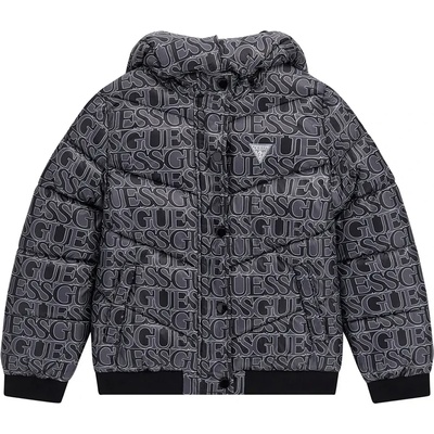 GUESS Зимно яке за момиче в черно с качулка и надписи Guess