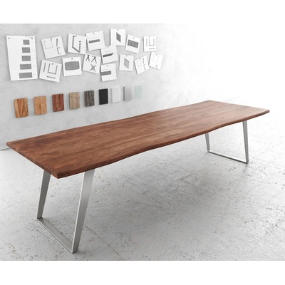 DELIFE Jídelní stůl Edge 300x100cm akácie hnědá nerezová ocel stříbrná šikmá