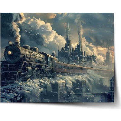 Sablio Plagát Parná lokomotíva v zasneženom meste - 60x40 cm