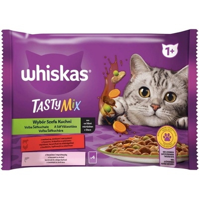 Whiskas Tasty mix v šťave, hovädzie, hydina, losos a zelenina 4 x 85 g