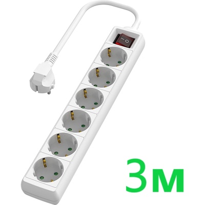 UltraLux Разклонител с 6 Шуко гнезда, с ключ, 3 метра, бял (rk63w)