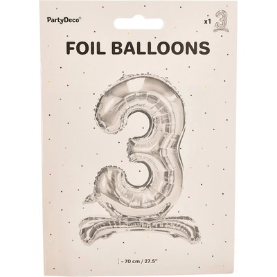 PartyDeco Stojaci fóliový balón číslo 3 70cm strieborný