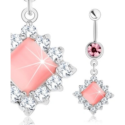 Šperky eshop piercing do pupíku z oceli stříbrný odstín růžový verec čiré zirkony S62.08