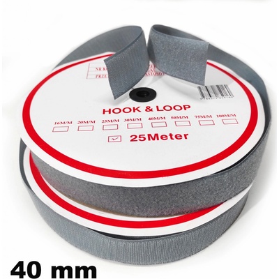 Pásik so suchým zipsom, set háčika a slučky, farba šedá 40 mm, balenie 25 m