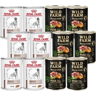 Royal Canin VD Canine Hepatic 6 x 420 g & Wild Farm Monoproteínové bravčové mäso 6 x 400 g