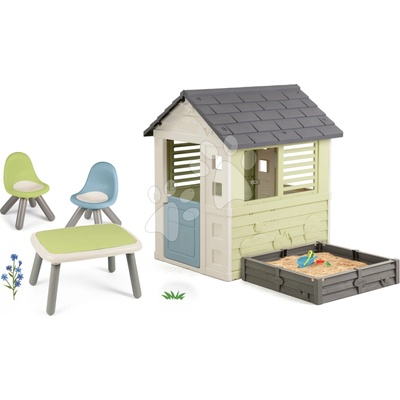Smoby Set domček s pieskoviskom a záhradkou Square Playhouse Life a piknikový stôl s dvoma stoličkami KidChair