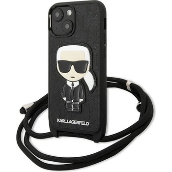 KARL LAGERFELD Кейс Karl Lagerfeld KLHCP13SCMNIPK за iPhone 13 mini 5, 4"", твърд, черен / черен, Leather Monogram Patch and Cord Iconik (KXG0036779)