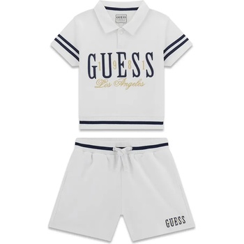 Guess Комплект тениска с яка и къси панталон в бяло с тъмно сини детайли и надписи Guess