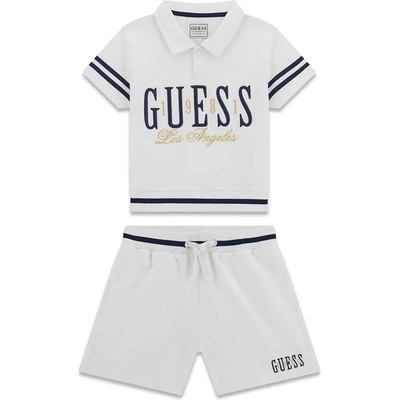 Guess Комплект тениска с яка и къси панталон в бяло с тъмно сини детайли и надписи Guess