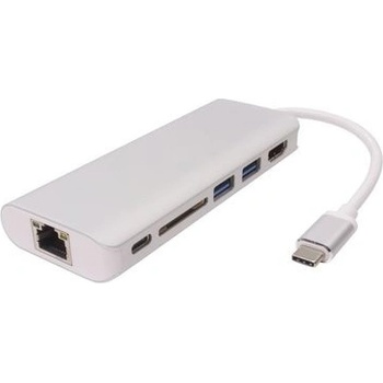 PremiumCord Převodník USB3.1 na HDMI / RJ45 / 2x USB3.0 / slot na SD karty / PD charge / 0,2m / stříbrná (ku31dock05)