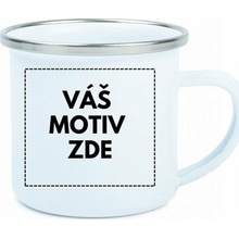 AveTech Smaltovaný plechový bílý hrnek se stříbrným lemem 180 ml