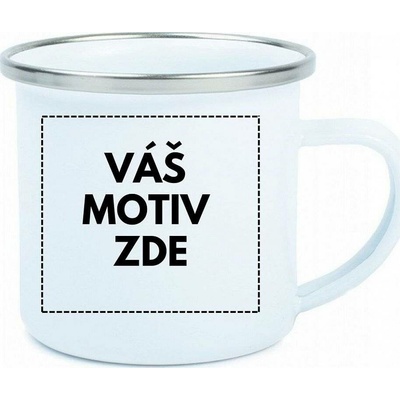 AveTech Smaltovaný plechový bílý hrnek se stříbrným lemem 180 ml