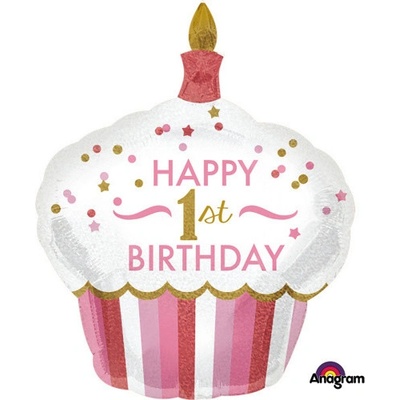 Amscan Foliový balonek holografický růžový cupcake Happy 1st Birthday 73 x 91cm