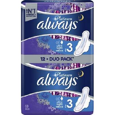 Always Дамски превръзки с крилца Always Platinum - Night Duo, 12 броя