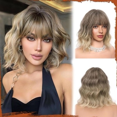 Sofiyan Krátká vlnitá bob paruka s ofinou pro ženy 30 cm Hnědá Ombre Blond – Zboží Mobilmania