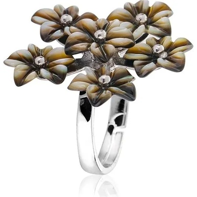 Swan Сребърен пръстен с цветя от черен миден седеф HEARTR Swan