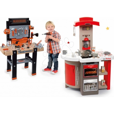 Smoby Set kuchyňka skládací elektronická Tefal Opencook Bubble červená se zvukem a magickým bubláním a pracovní dílna Black&Decker