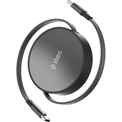 Ttec Data кабел ttec USB-C to USB-C Mini Retractable 100W PD/QC 120cm Fast Charge Cable, Cosmic Black - Черен