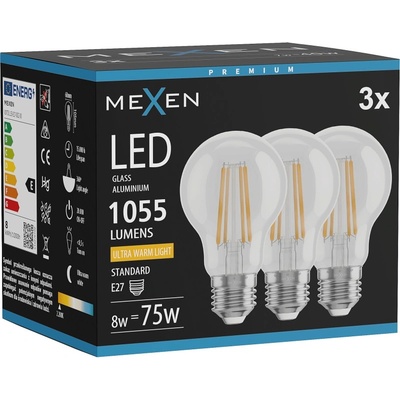 Mexen Vintis 3x LED филамент крушка E27, A60, 8W, Топла - 2200K, 1055 lm, прозрачна (L150-E27-0822-00x03)