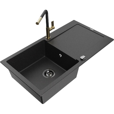 Mexen Leo гранитна мивка с 1 камера с отцедник и кухненски смесител Flora, черен/сребрист металик - 6501-73-670401-57-B (6501-73-670401-57-B)