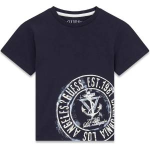 GUESS Тъмно синя тениска за мини момче с кръгла бяла щампа Guess