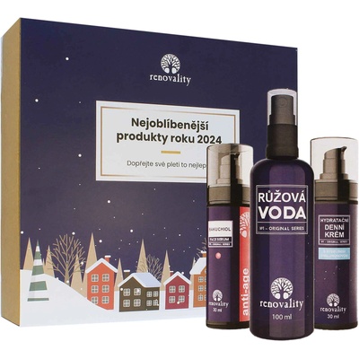 Renovality Original Series най-популярните продукти на 2024 г. Bakuchiolové sérum 30 ml + růžová voda 100 ml + denní krém s kyselinou hyaluronovou 30 ml