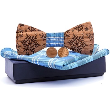 HARAHU Дървен папионка с кърпичка и маншетни копчета - Кафяво / Светло Синьо kp30458 (30458)