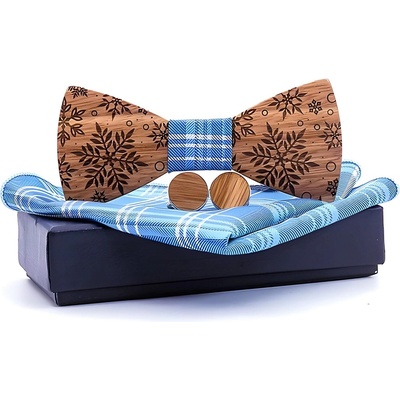 HARAHU Дървен папионка с кърпичка и маншетни копчета - Кафяво / Светло Синьо kp30458 (30458)