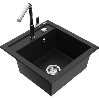 Mexen Vito гранитна мивка с 1 отделение и кухненски смесител Flora, черна (6503-77-670401-00)