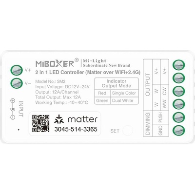 MiBoxer SM2 2v1 ovladač LED pásků Matter přes WiFi 2.4GHz Mono CCT