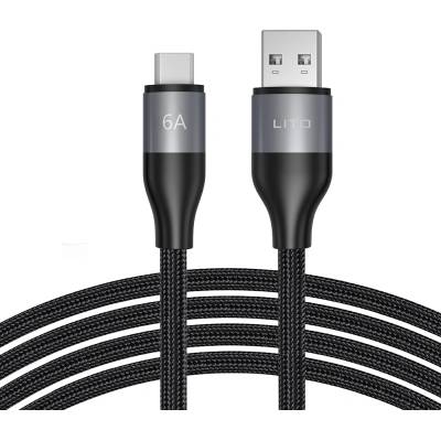 Lito - Кабел за данни (LD23T) - USB към Type-C, бързо зареждане, плетен найлон, 6A, 480Mbps, 1m - Сив