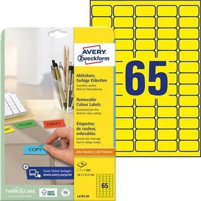 AVERY ZWECKFORM Etikety, univerzálne, 38,1x 21,2 mm, odstrániteľné, zaoblené rohy, AVERY ZWECKFORM, 1300 etikiet/bal, žlté
