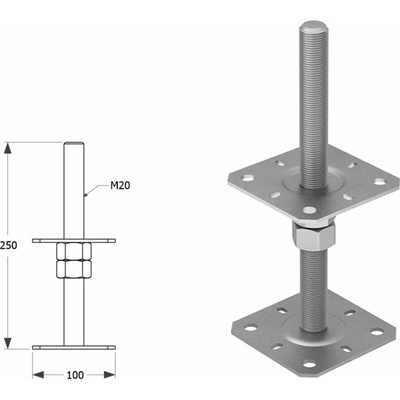 Domax zaskrutkovacia pätka stĺpika nastaviteľná závitová PSR 100 M20 - 100 x 250 x M20 x 3 mm 4 ks