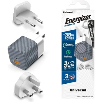 Energizer Зарядно устройство Energizer A38QMU, USB-C, USB, EU, UK, US, QC3.0, 38W, Сребрист (A38QMU)