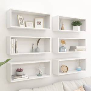 vidaXL Стенни кубични рафтове, 6 бр, бели, 60x15x23см, инженерно дърво (807135)