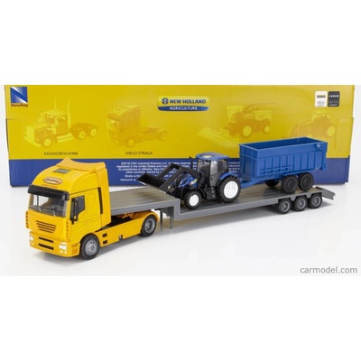 Newray Iveco fiat Stralis 540 Truck Pianale 2009 With New Holland T6.175 Tractor + Trailer Žlutá Modrá Černá 1:43