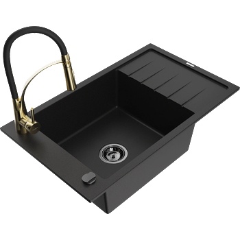Mexen Elias гранитна мивка с 1 корито с отцедник и кухненски смесител Aster, черен - 6511-77-73450-57-B (6511-77-73450-57-B)