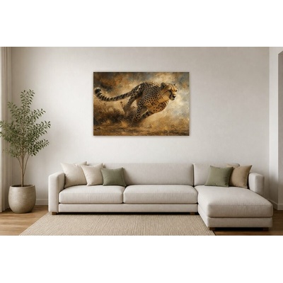 Obraz na plátně – Gepard v běhu v prašném terénu 135 × 90 cm