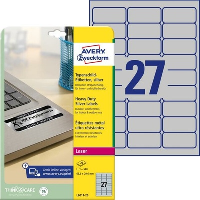 Etikety polyesterové 63,5x29,6mm Avery A4 strieborné 20 hárkov