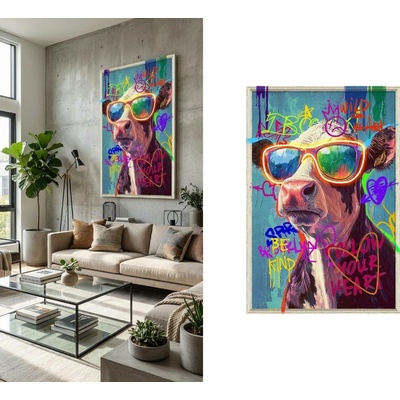 Nástenný obraz štýlovej kravy s okuliarmi – pop art LED dekorácia na stenu – 63 × 93 cm