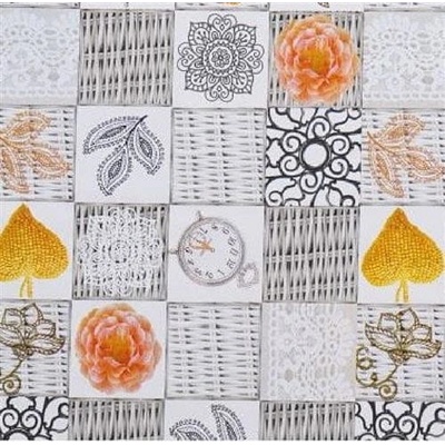 Obrus PVC MIS247, metráž, šířka 140 cm, prútie sivé s kvetmi a srdiečkami, IMPOL TRADE