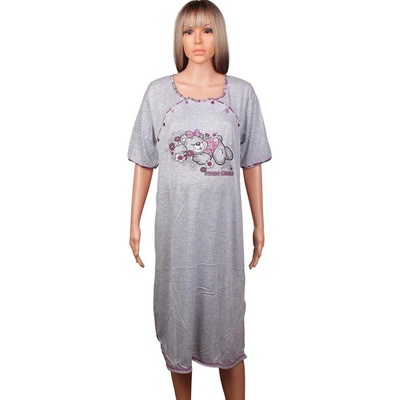 Сива макси нощница за кърмачки с виолетов кант и мече