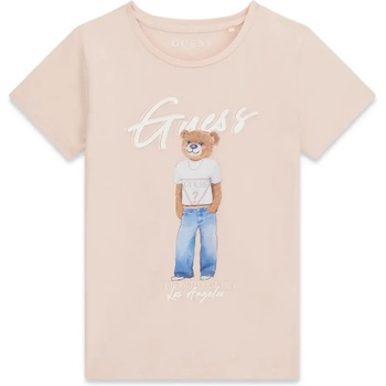 GUESS Бледо розова тениска за момиче с цветно мече и бял надпис Guess