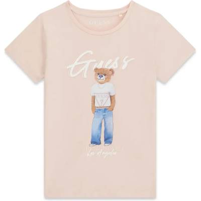 GUESS Бледо розова тениска за момиче с цветно мече и бял надпис Guess
