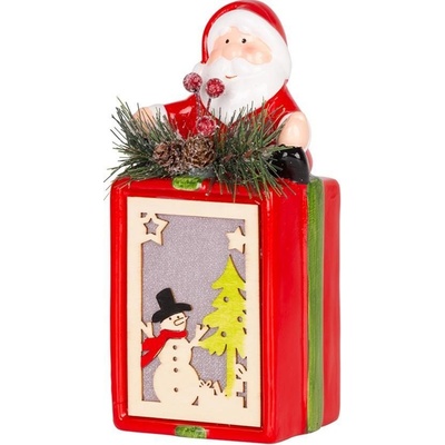 MagicHome Dekorace Vánoce Dárek se Santou LED terakota závěsná 9x8x17,7 cm