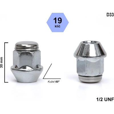 Kolová matice 1/2 UNF kužel , klíč 19, D33, výška 30 mm