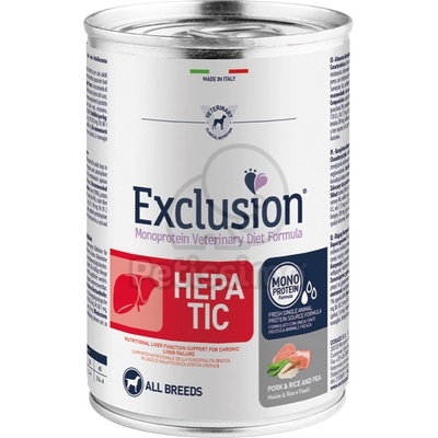 Exclusion Monoprotein Vet Diet Hepatic All Breeds консерва за кучета - свиня, ориз и грах 400 г